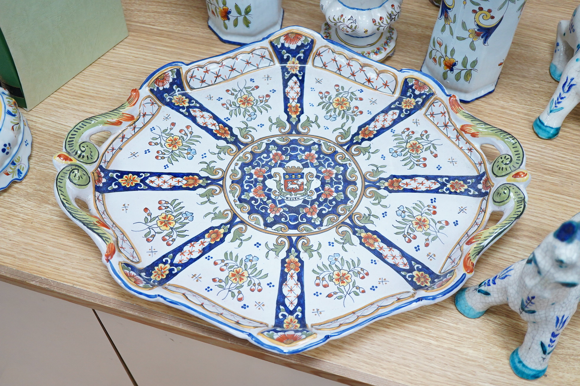 Three pairs of 19th century French faience vases, octagonal raven tray etc